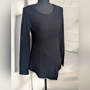 Asymmetrical Black Ribbed Long Sleeve Top With Metal Accents
